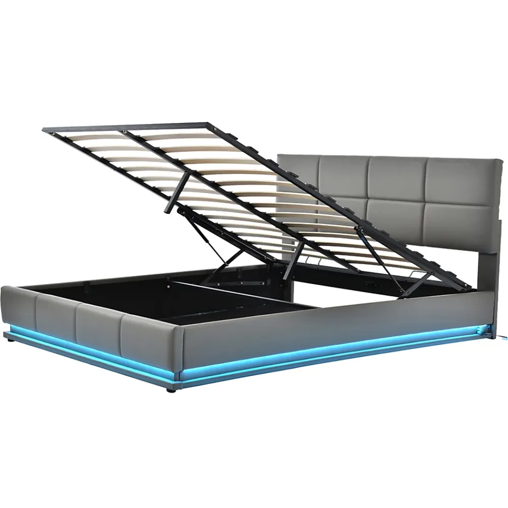 Gutent Lit adulte lit 160x200 cm lit led rembourré hydraulique lit de rangement lit double cuir synthétique gris* Lit Avec Rangement