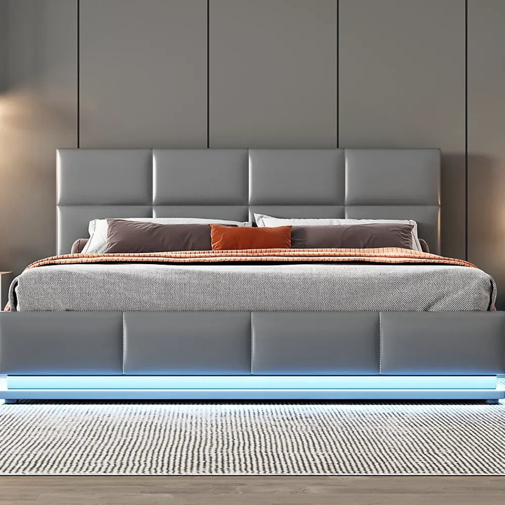 Gutent Lit adulte lit 160x200 cm lit led rembourré hydraulique lit de rangement lit double cuir synthétique gris* Lit Avec Rangement