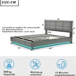 Gutent Lit adulte lit 160x200 cm lit led rembourré hydraulique lit de rangement lit double cuir synthétique gris* Lit Avec Rangement