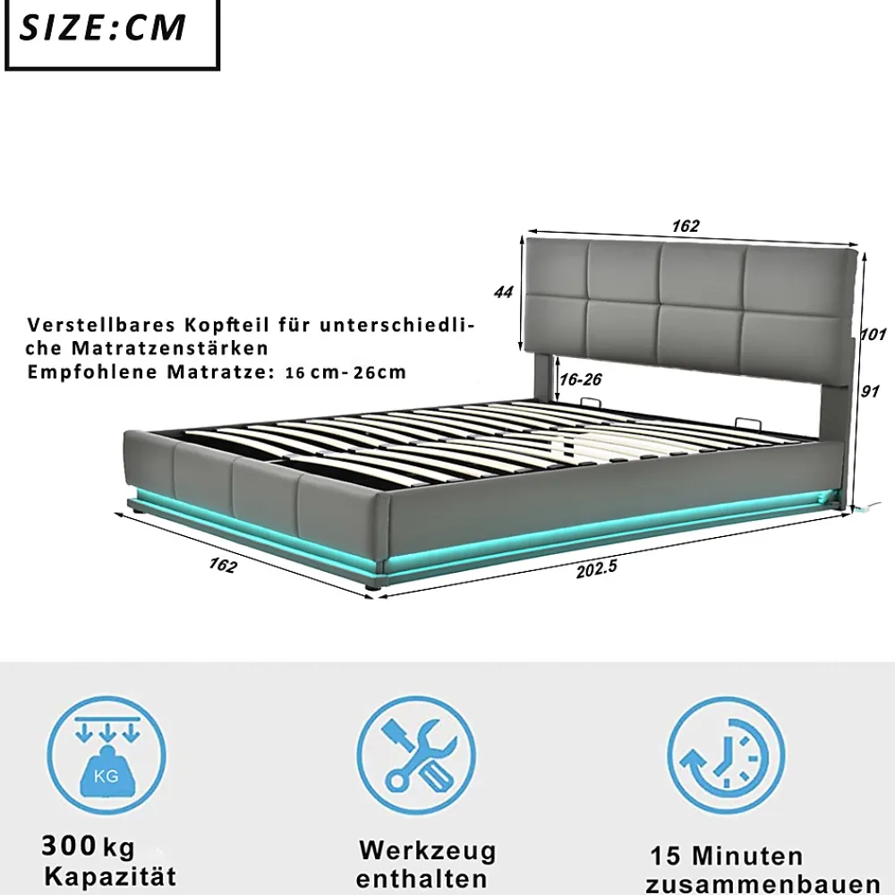Gutent Lit adulte lit 160x200 cm lit led rembourré hydraulique lit de rangement lit double cuir synthétique gris* Lit Avec Rangement