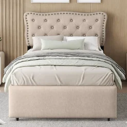 Gutent Lit adulte lit 90x200 cm lit plat lit rembourré Single tiroirs doubles lin beige foncé* Lit Avec Rangement