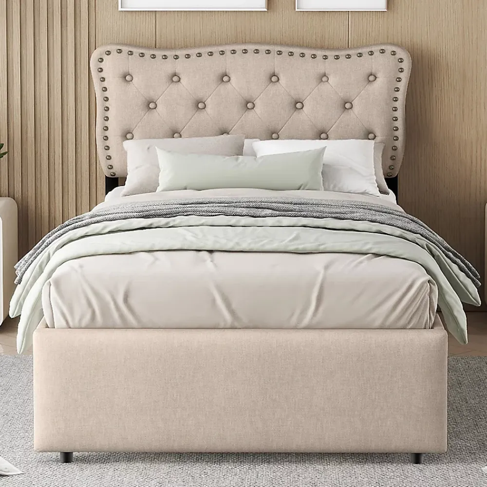 Gutent Lit adulte lit 90x200 cm lit plat lit rembourré Single tiroirs doubles lin beige foncé* Lit Avec Rangement