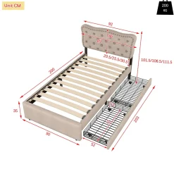 Gutent Lit adulte lit 90x200 cm lit plat lit rembourré Single tiroirs doubles lin beige foncé* Lit Avec Rangement
