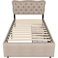 Gutent Lit adulte lit 90x200 cm lit plat lit rembourré Single tiroirs doubles lin beige foncé* Lit Avec Rangement