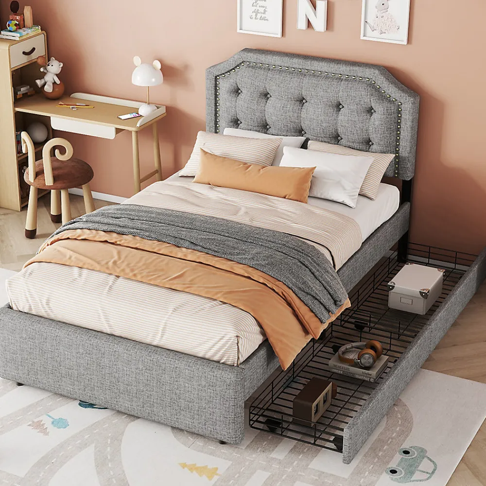 Lit adulte lit 90x200 cm lit plat lit rembourré lit 2 tiroirs Single gris>Gutent Hot