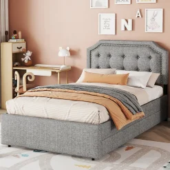 Lit adulte lit 90x200 cm lit plat lit rembourré lit 2 tiroirs Single gris><noscript><img width=