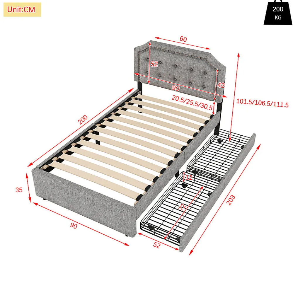 Lit adulte lit 90x200 cm lit plat lit rembourré lit 2 tiroirs Single gris>Gutent Hot