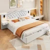 Lit adulte lit 180x200 cm lit rembourré hydraulique avec deux lampes de chevet lit double lin beige>Gutent New