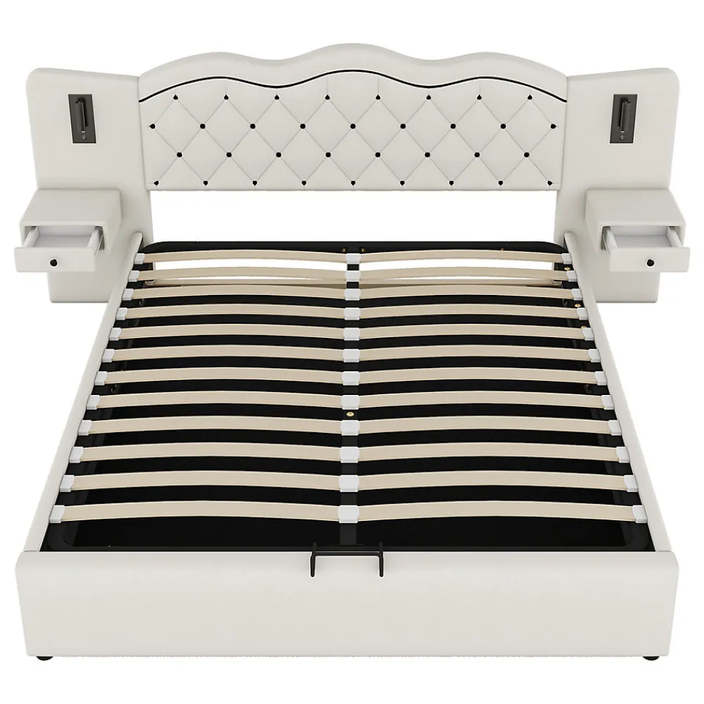 Lit adulte lit 180x200 cm lit rembourré hydraulique avec deux lampes de chevet lit double lin beige>Gutent New