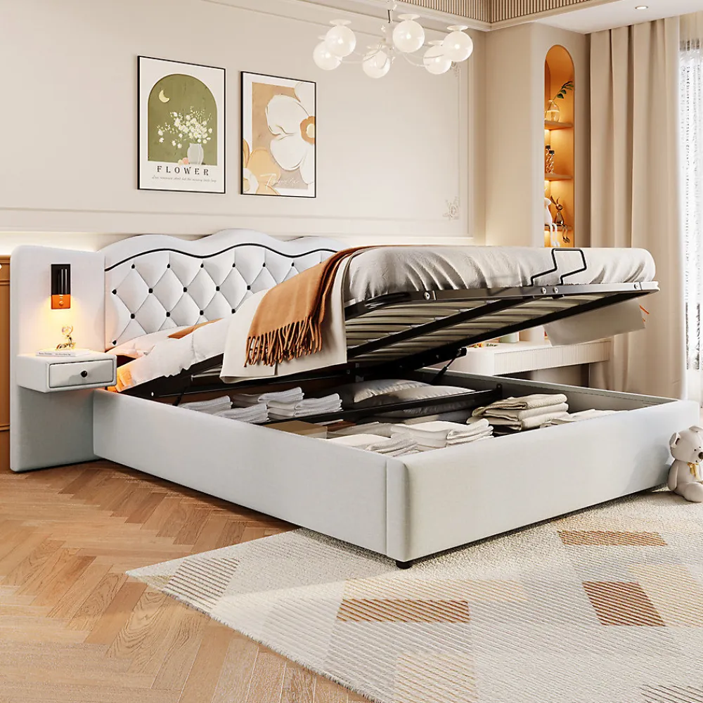 Lit adulte lit 180x200 cm lit rembourré hydraulique avec deux lampes de chevet lit double lin beige>Gutent New