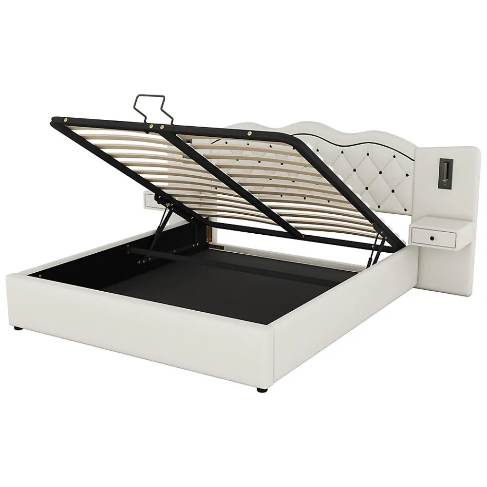 Lit adulte lit 180x200 cm lit rembourré hydraulique avec deux lampes de chevet lit double lin beige>Gutent New