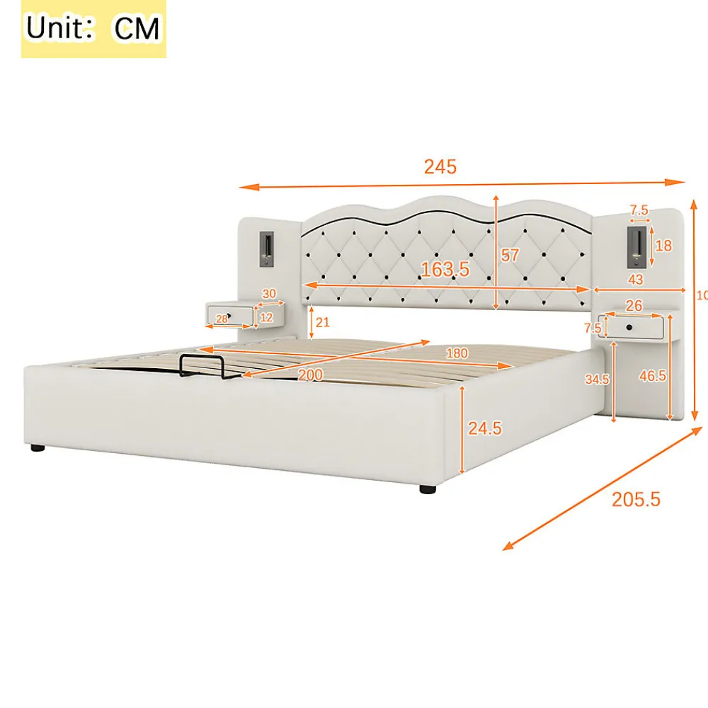 Lit adulte lit 180x200 cm lit rembourré hydraulique avec deux lampes de chevet lit double lin beige>Gutent New