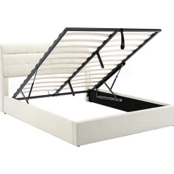 Gutent Lit adulte lit 160x200 cm lit rembourré hydraulique lit double avec sommier à lattes pu blanc crème* Lit Avec Rangement|Lit Double