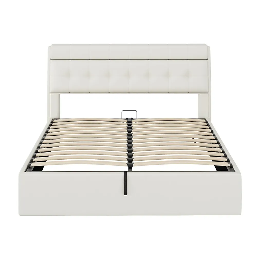 Gutent Lit adulte lit 160x200 cm lit rembourré hydraulique lit double avec sommier à lattes pu blanc crème* Lit Avec Rangement|Lit Double