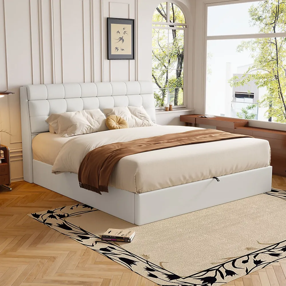 Gutent Lit adulte lit 160x200 cm lit rembourré hydraulique lit double avec sommier à lattes pu blanc crème* Lit Avec Rangement|Lit Double