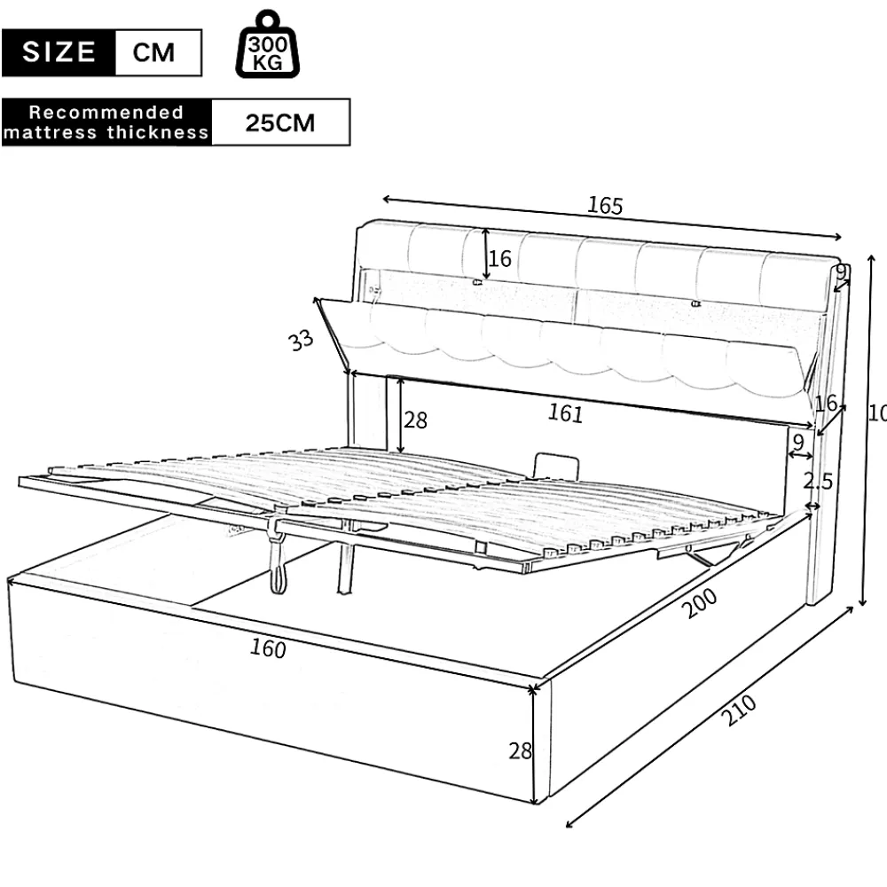 Gutent Lit adulte lit 160x200 cm lit rembourré hydraulique lit double avec sommier à lattes pu blanc crème* Lit Avec Rangement|Lit Double