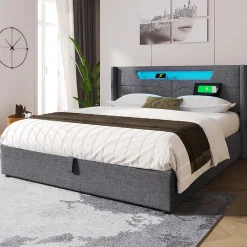 Lit adulte lit 140x200 cm lit rembourré lit de rangement lit sommier à lattes en bois lit double lin gris>Gutent Best