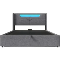Lit adulte lit 140x200 cm lit rembourré lit de rangement lit sommier à lattes en bois lit double lin gris><noscript><img width=
