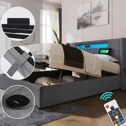Lit adulte lit 140x200 cm lit rembourré lit de rangement lit sommier à lattes en bois lit double lin gris><noscript><img width=
