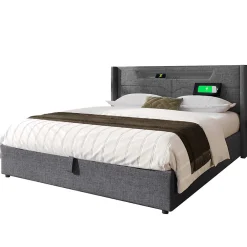 Lit adulte lit 140x200 cm lit rembourré lit de rangement lit sommier à lattes en bois lit double lin gris><noscript><img width=