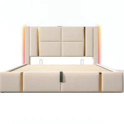 Lit adulte lit 140x200 cm lit rembourré lit de rangement lit sommier à lattes en bois lit double lin beige><noscript><img width=