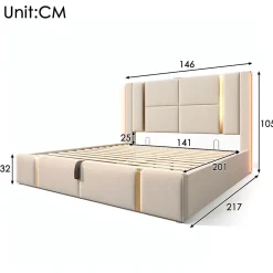 Lit adulte lit 140x200 cm lit rembourré lit de rangement lit sommier à lattes en bois lit double lin beige><noscript><img width=
