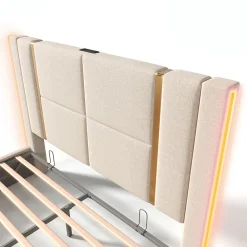Lit adulte lit 140x200 cm lit rembourré lit de rangement lit sommier à lattes en bois lit double lin beige><noscript><img width=