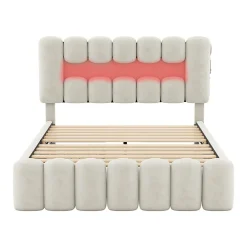 Lit adulte lit 140x200 cm lit rembourré avec barre lumineuse led lit 4 tiroirs avec usb et chaîne stéréo lit double velours beige>Gutent Outlet