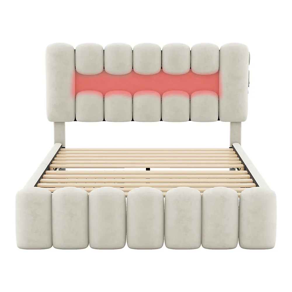 Lit adulte lit 140x200 cm lit rembourré avec barre lumineuse led lit 4 tiroirs avec usb et chaîne stéréo lit double velours beige>Gutent Outlet