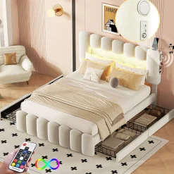 Lit adulte lit 140x200 cm lit rembourré avec barre lumineuse led lit 4 tiroirs avec usb et chaîne stéréo lit double velours beige><noscript><img width=