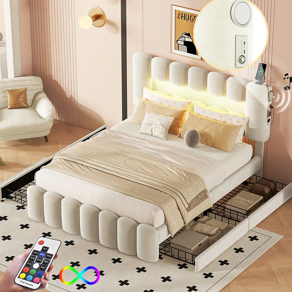 Lit adulte lit 140x200 cm lit rembourré avec barre lumineuse led lit 4 tiroirs avec usb et chaîne stéréo lit double velours beige>Gutent Outlet
