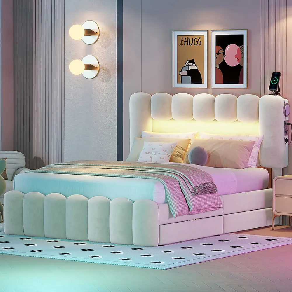 Lit adulte lit 140x200 cm lit rembourré avec barre lumineuse led lit 4 tiroirs avec usb et chaîne stéréo lit double velours beige>Gutent Outlet