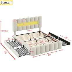Lit adulte lit 140x200 cm lit rembourré avec barre lumineuse led lit 4 tiroirs avec usb et chaîne stéréo lit double velours beige><noscript><img width=