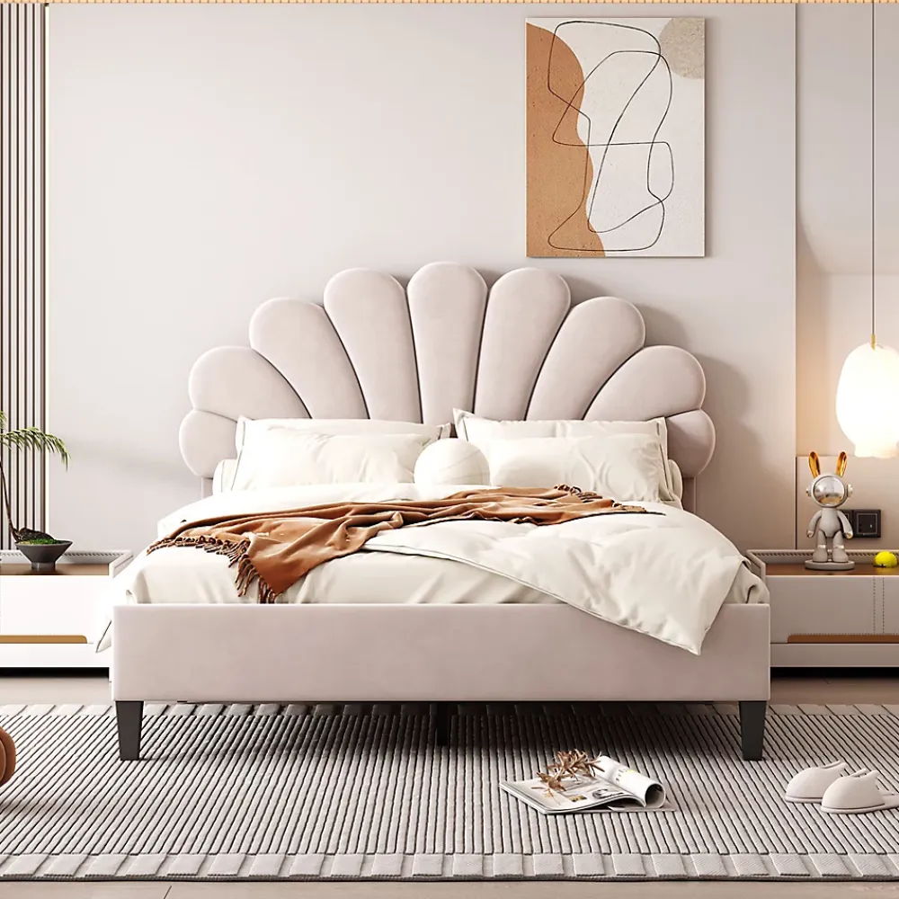 Gutent Lit adulte lit 140x200 cm lit rembourré lit cadre à lamelles lit double velours beige* Lit Double