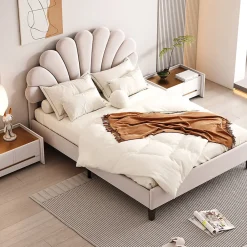 Gutent Lit adulte lit 140x200 cm lit rembourré lit cadre à lamelles lit double velours beige* Lit Double