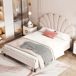 Gutent Lit adulte lit 140x200 cm lit rembourré lit cadre à lamelles lit double velours beige* Lit Double