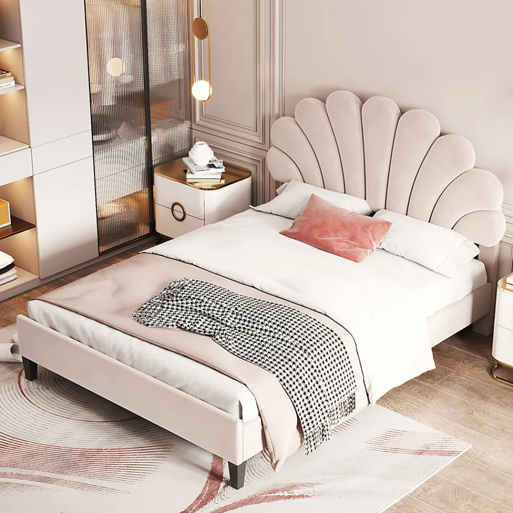 Gutent Lit adulte lit 140x200 cm lit rembourré lit cadre à lamelles lit double velours beige* Lit Double