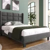 Gutent Lit adulte lit 90x200 cm lit rembourré lit sommier à lattes Single lin gris* Lit Simple