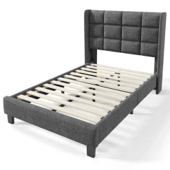 Gutent Lit adulte lit 90x200 cm lit rembourré lit sommier à lattes Single lin gris* Lit Simple