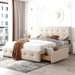 Lit adulte lit 140x200 cm lit rembourré avec tiroirs et sommier à lattes lit double velours beige>Gutent Online