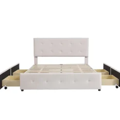 Lit adulte lit 140x200 cm lit rembourré avec tiroirs et sommier à lattes lit double velours beige><noscript><img width=