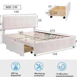 Lit adulte lit 140x200 cm lit rembourré avec tiroirs et sommier à lattes lit double velours beige><noscript><img width=