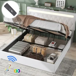 Lit adulte lit 180x200 cm lit rembourré hydraulique avec lumière ambiante lit double lin blanc><noscript><img width=