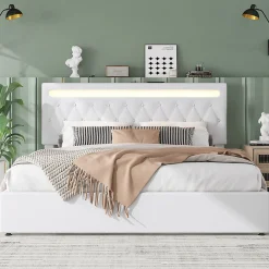 Lit adulte lit 180x200 cm lit rembourré hydraulique avec lumière ambiante lit double lin blanc><noscript><img width=
