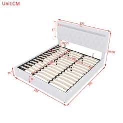 Lit adulte lit 180x200 cm lit rembourré hydraulique avec lumière ambiante lit double lin blanc><noscript><img width=