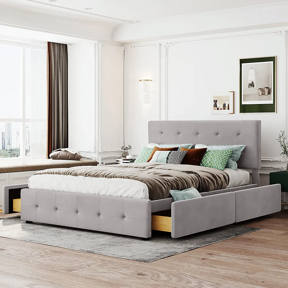 Lit adulte lit 140x200 cm lit rembourré avec tiroirs et sommier à lattes lit double velours gris>Gutent Sale