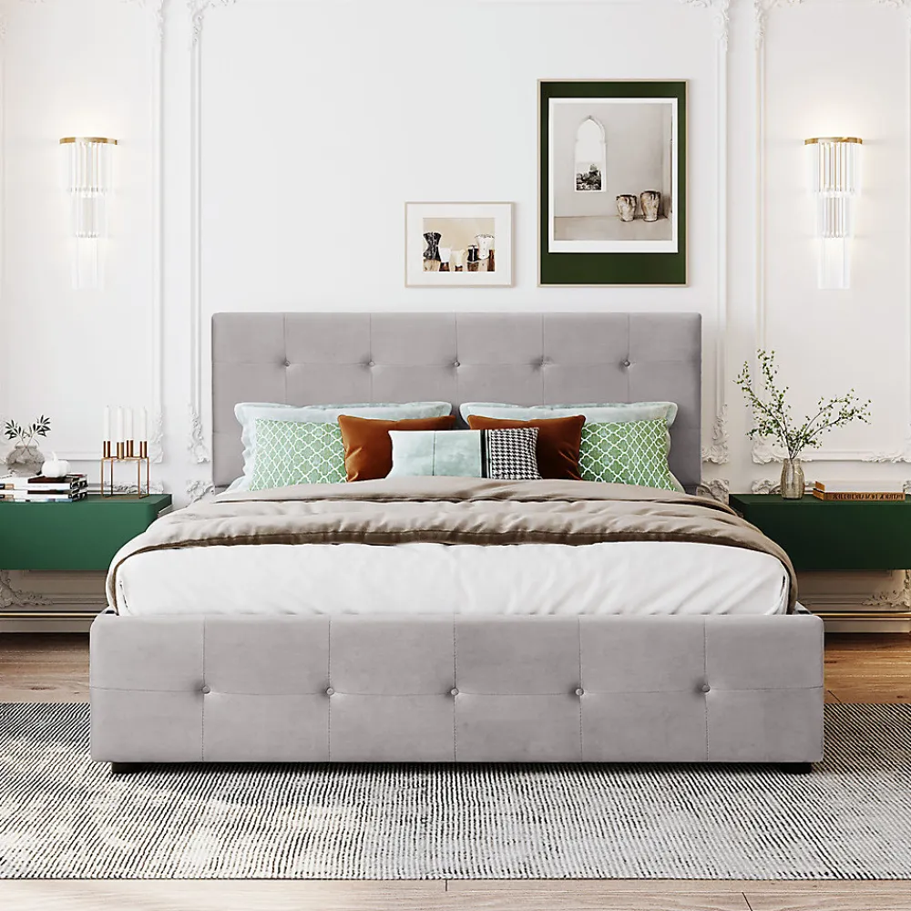 Lit adulte lit 140x200 cm lit rembourré avec tiroirs et sommier à lattes lit double velours gris>Gutent Sale