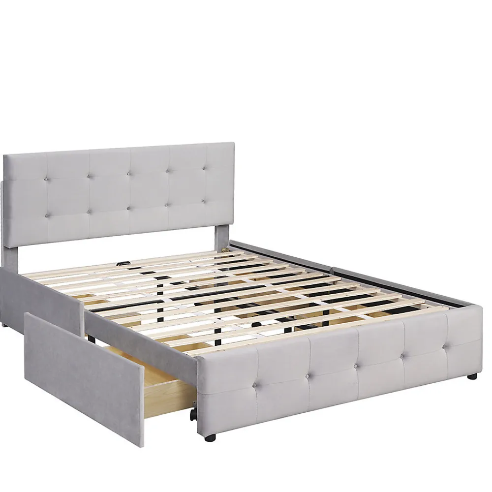 Lit adulte lit 140x200 cm lit rembourré avec tiroirs et sommier à lattes lit double velours gris>Gutent Sale
