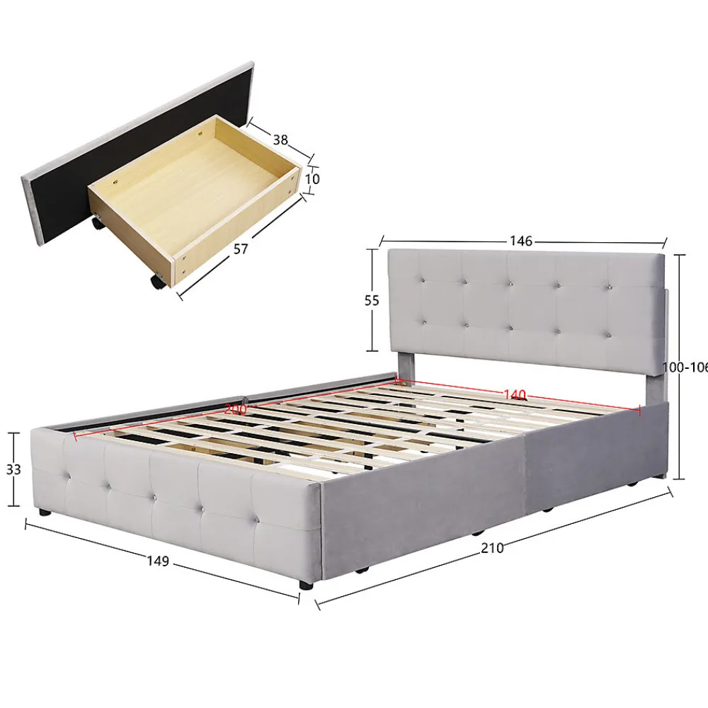 Lit adulte lit 140x200 cm lit rembourré avec tiroirs et sommier à lattes lit double velours gris>Gutent Sale