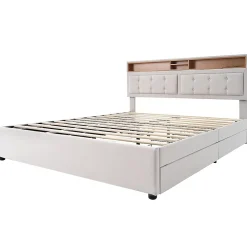 Gutent Lit adulte lit 140x200 cm lit rembourré avec quatre tiroirs avec sommier à lattes en bois lit double lin beige* Lit Avec Rangement